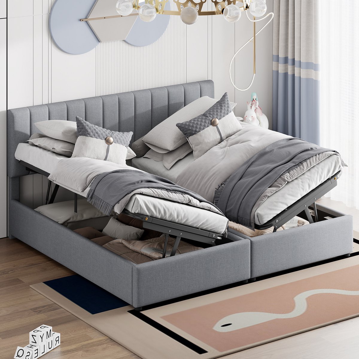 Gestoffeerd bed 180x200 cm - Lattenbodem 24 latten - Tragfähigkeit 300 kg - Hydraulische opbergruimte - Om te bouwen tot 2 kinderbedden - Hypoallergene linnenstof - Klassieke stijl grijs/beige/roze