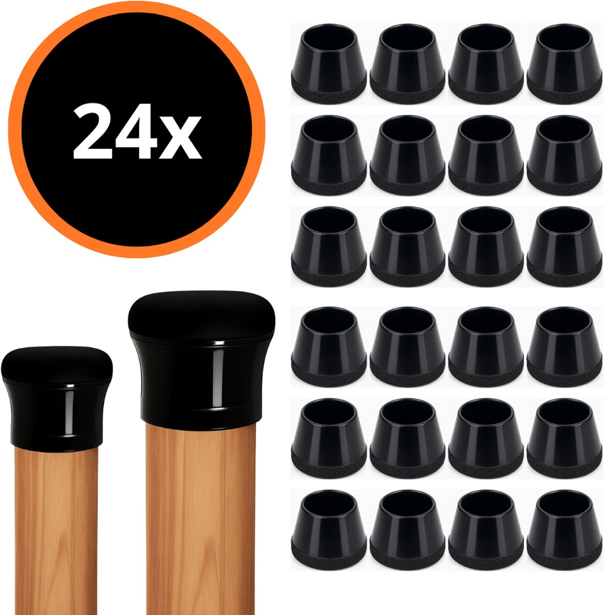 Flexibele Ronde Stoelpootdoppen Set van 24 stuks (Zwart) - Ø20-25mm - Stoelbeschermers met vilt - Anti-kras vilt - Vloerbescherming