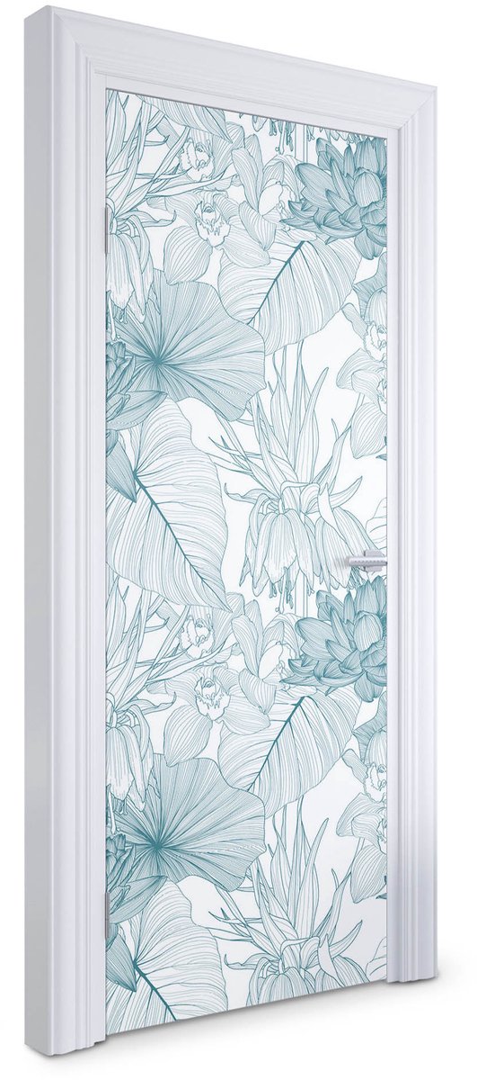 Wallfluent Deursticker - Bloemenpatroon Deurposter - 75 x 205 cm - Turkoois Deur Sticker - Moderne Deur Sticker - Bloemen en planten Deurfolie - Deursticker voor de Badkamer - Deurbehang