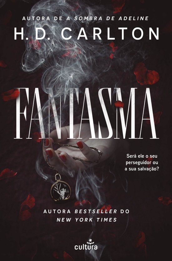 Couverture du livre 'Fantasma' par H.D. Carlton, avec de la fumée, des pétales rouges et une chaîne.