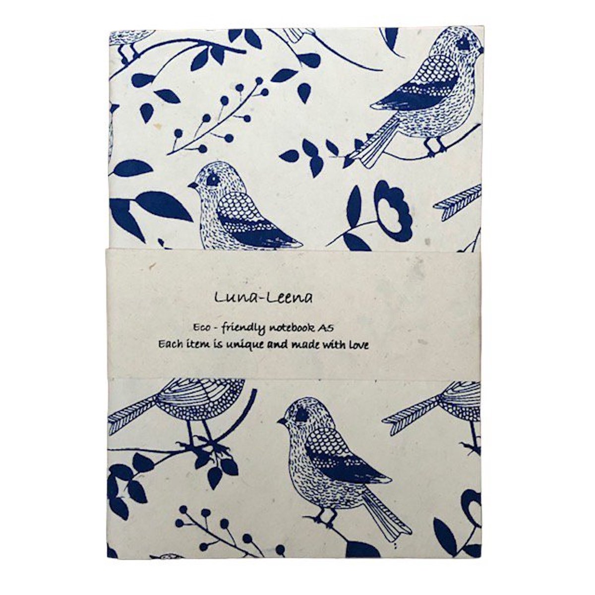 Luna-Leena duurzaam notitieboek A5 - vogel print - Hollands blauw - soft kaft - niet gelinieerd (blanco) - eco vriendelijk papier - handgemaakt in Nepal - notebook - souvenirs - Holland - Dutch birds - moederdag