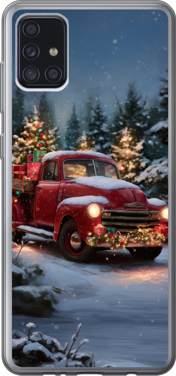 Telefoonhoesje Geschikt voor Samsung Galaxy A52 5G hoesje - Kersttruck - Sneeuwbos - Rood - Siliconen Telefoonhoesje Telefoonhoesje