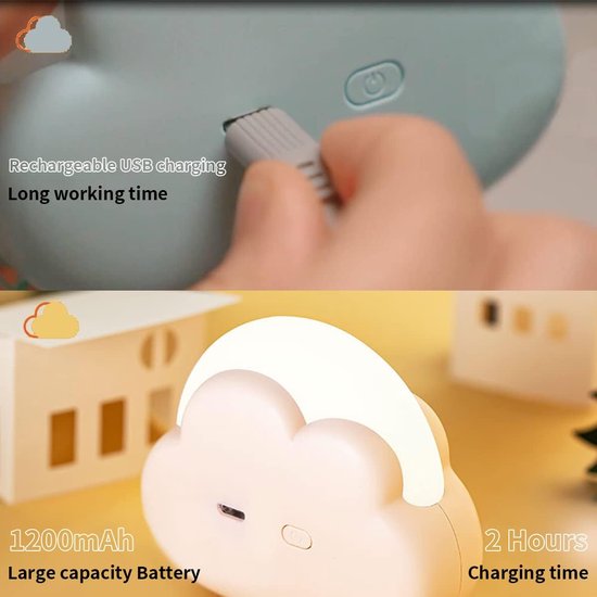 Slaapkamer wolken nachtlicht - schattig kinderbed koplamp - kinderen draagbare USB oplaadbare LED-batterij - kamer decoratie - Kawai verjaardagscadeau -9.4*7.8*3.6cm-Wit van Merkloos — afbeelding 4