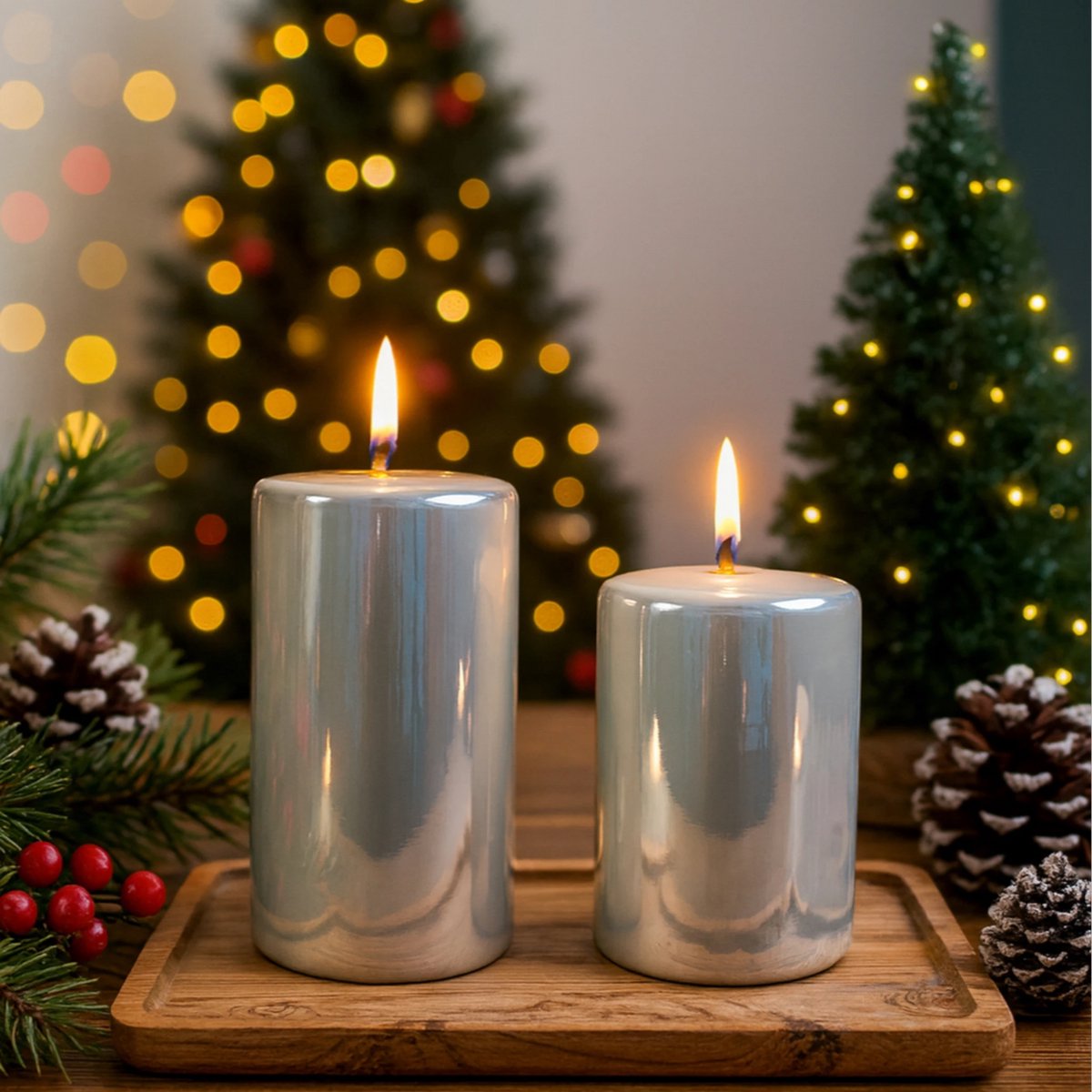 WinQ -Set van 2 olielampen met onderbord-houten onderbord-zilver/ offwhite-cadeau voor moeder