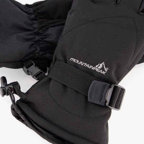 Zwarte skihandschoenen van Mountain Peak met verstelbare band en gesp op de pols.