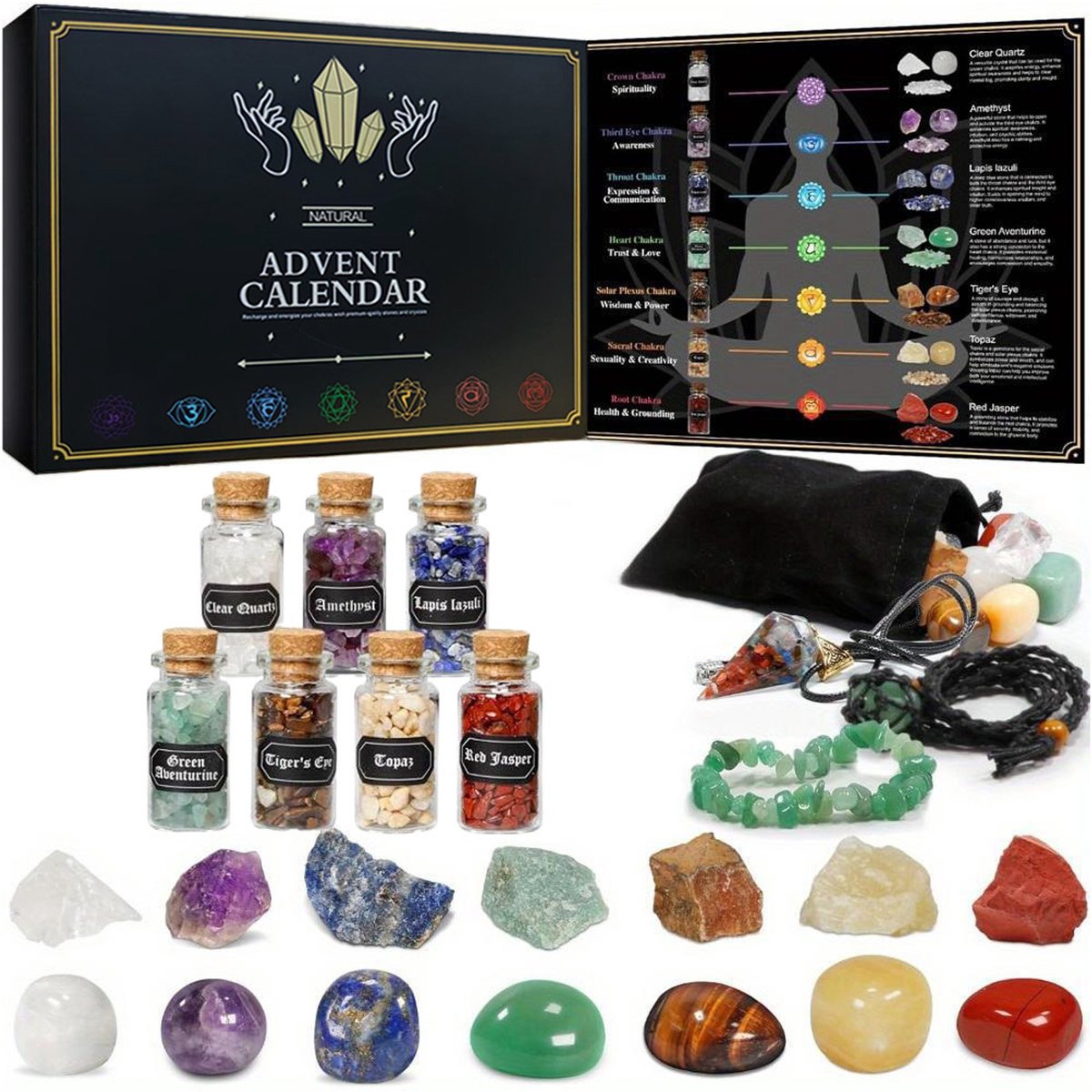 24-delige Kristallen Adventskalender - Helende Natuurlijke Edelstenen - Multikleur - Cadeau voor Volwassenen