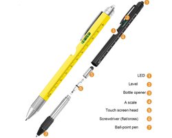 Actie4you® - Multitool Pen - Liniaal - Waterpas - Schroevendraaier - Zaklamp - Flesopener - Stylus – 1 Stuk - 8 in 1 - Geel