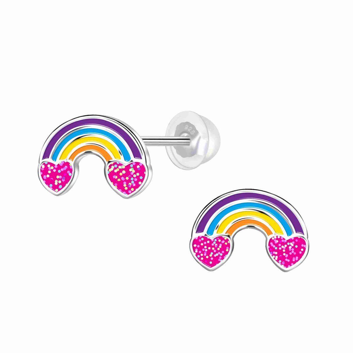 K3 - Zilveren oorstekers meisjes - K3 regenboog glitterhartjes - 6mm