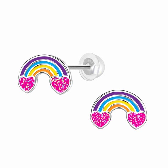 Boucles d'oreilles puces argentées K3 pour filles - Cœurs à paillettes arc-en-ciel K3 - 6 mm
