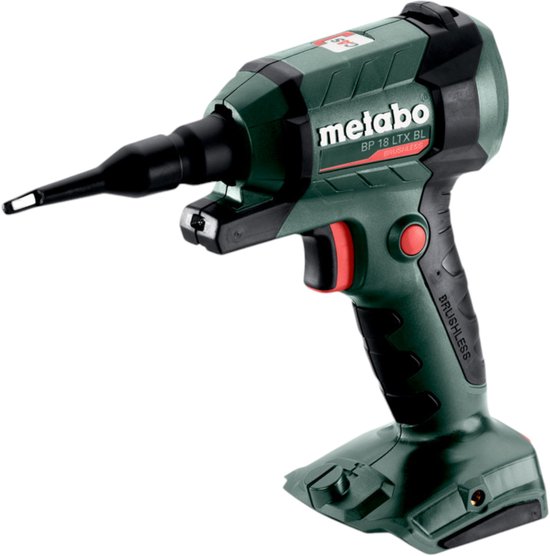Metabo BP 18 LTX BL accu blaaspistool in groen en zwart met rode accenten.