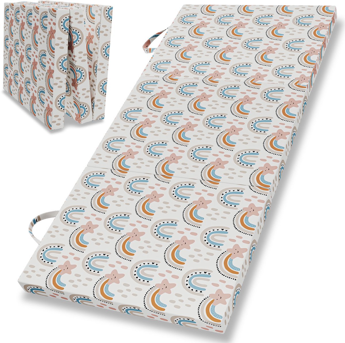 ELONEO Opvouwbaar Matras 90x200 cm - Dik 8 cm Vouwmatras, Wasbaar en Draagbaar Multifunctioneel Logeerbed, Reismatras, Logeermatras, Opvouwbaar Bed, Poef en Zitje, Regenboog