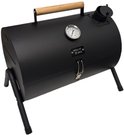 Zwarte, cilindervormige draagbare BBQ van Wolff BBQ met houten handvat, thermometer en zwarte pootjes.