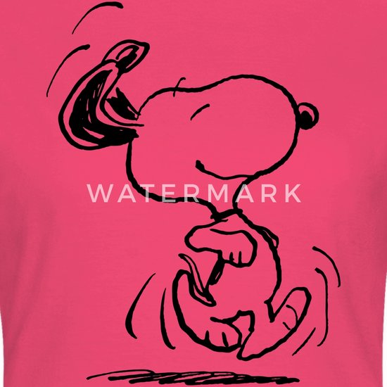 Zwarte lijntekening van Snoopy die springt op een fuchsia T-shirt. "WATERMARK" is zichtbaar.