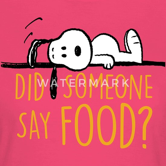 Roze t-shirt met Snoopy en tekst "Did someone say FOOD?".