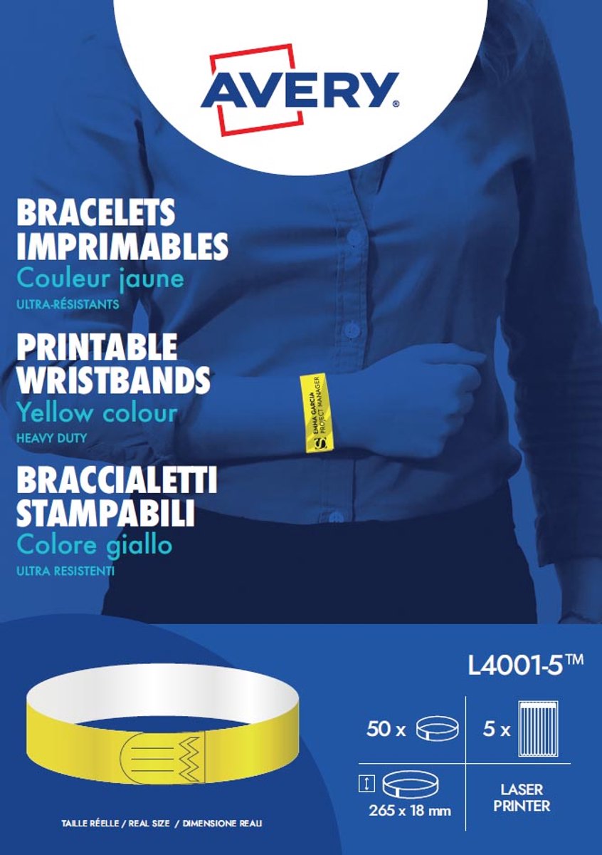 Avery bedrukbare polsbandjes | ft 18 x 265 mm | geel | pak van 50 etiketten