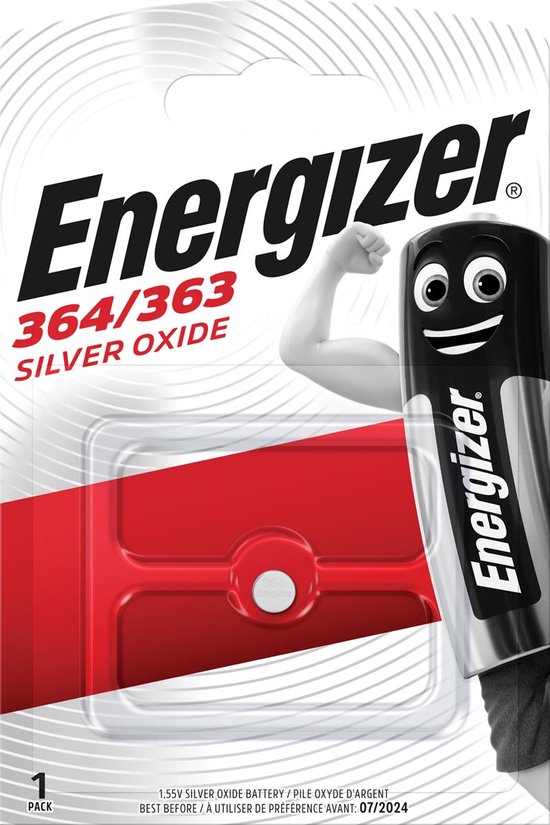 Pile Energizer 364/363 Silver Oxide 1,55V dans un emballage avec personnage de pile cartoon.
