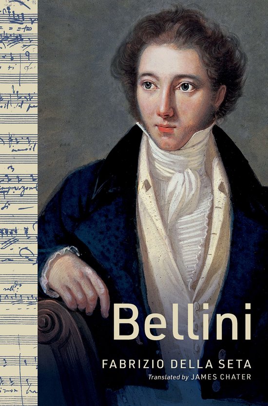 Portret van Bellini, met bladmuziek op de achtergrond.