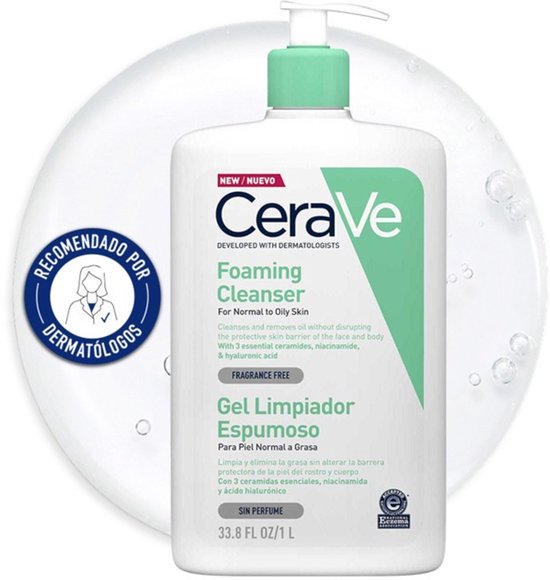 CeraVe Schuimende Reiniger pompflacon met dermatologen aanbeveling en "nieuwe" aanduiding, 1L.