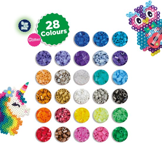 28 kleuren SES Creative strijkkralen, met voorbeelden van een eenhoorn en uil, inclusief glitter en glow in the dark.