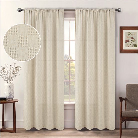Rideaux jacquard à carreaux Boho en gaze, rideaux de gaze lin pour filtrage de la lumière pour portes-fenêtres, pour intérieur salon, beige foncé, 135 x 220 cm
