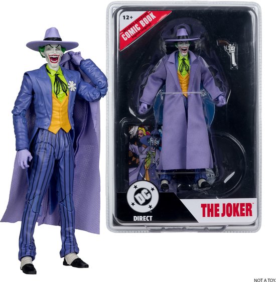 De Joker actiefiguur met paars pak, gele vest, paarse jas en hoed. In verpakking met pistool.
