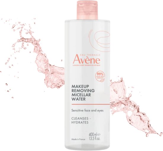 Avène Eau Thermale make-up remover micellair water, 400 ml, met roze vloeistof spetters.
