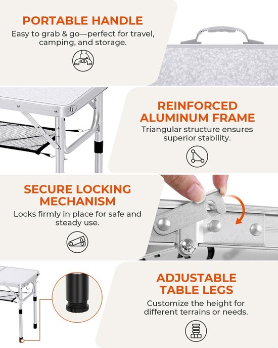Sportneer Opvouwbare campingtafel, in hoogte verstelbaar, kleine klaptafel, draagbare campingtafel (59,9 cm L x 39,9 cm B (2 hoogte)) met netlaag voor buiten van Sportneer — afbeelding 5