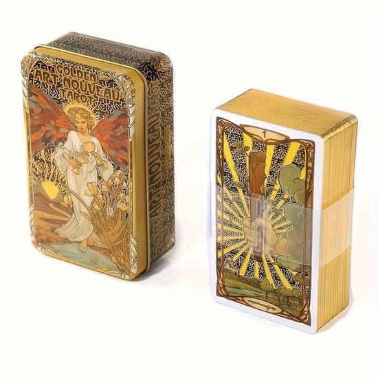 Art Nouveau Tarot – 78 Luxe Tarotkaarten met Vergulde Randen – Tarot Deck in Blikken Cadeaudoos – Engels