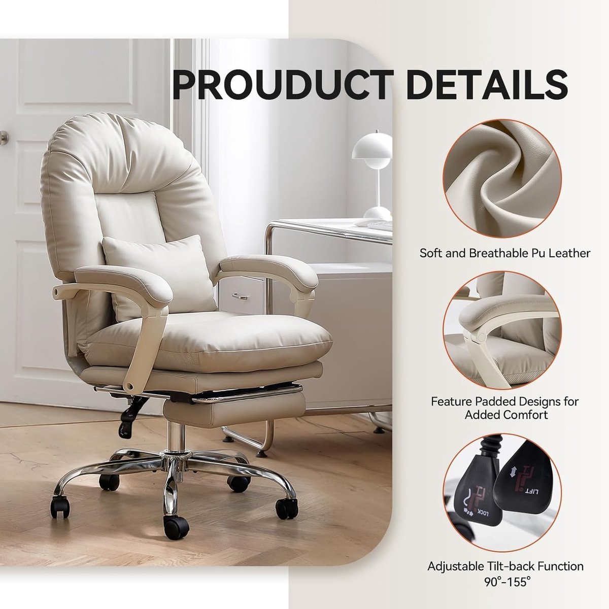 Ergonomische Bureaustoel met Voetensteun – - – Verstelbare PU-Leren Draaistoel, Comfortabele - Medahomestore