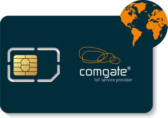 Donkerblauwe Comgate IoT SIM-kaart met gouden chip en oranje wereldbol-logo. 'comgate IoT service provider'.