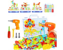 Kiddo Craft Constructie Speelgoed met Werkende Boormachine – 237-Delig – Montessori Bouwspeelgoed – Educatief – 2D/3D Schroef Mozaïek