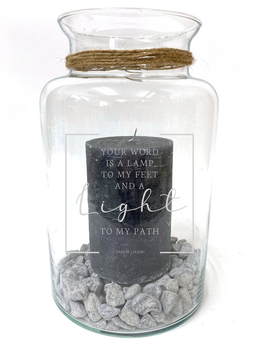 Lantern with Engraved Text: PSALM 119:105 – “Your word is a lamp to my feet and a light on my path.” Delivered without candle and stones. Christmas gift, birthday gift, Father’s Day or Mother’s Day present. Size: 30 cm tall, 16 cm diameter