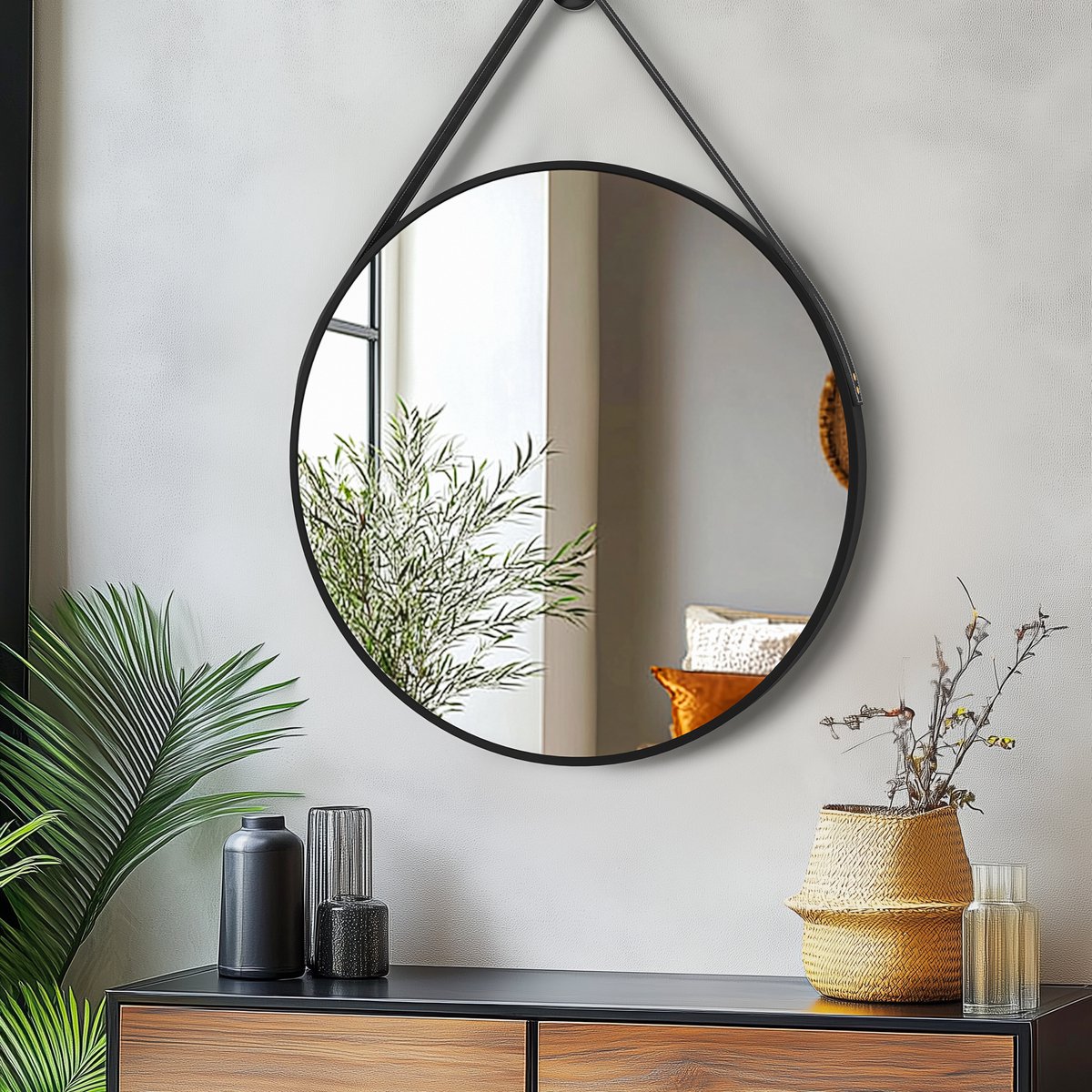 Artloge Ronde zwarte Spiegel - 60cm Wandspiegel met Leren Hangriem - Aluminium Frame - Badkamerspiegel, Vanity Spiegel voor Hal, Slaapkamer, Woonkamer