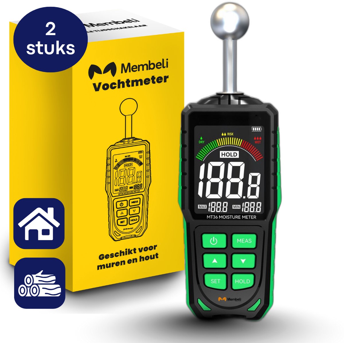 Membeli Contactloze Vochtmeter - 2 stuks - incl. LED Zaklamp – Digitale Vochtigheidsmeter Voor Hout / Muren / Bouwmaterialen – Naaldloze Vochtmeter