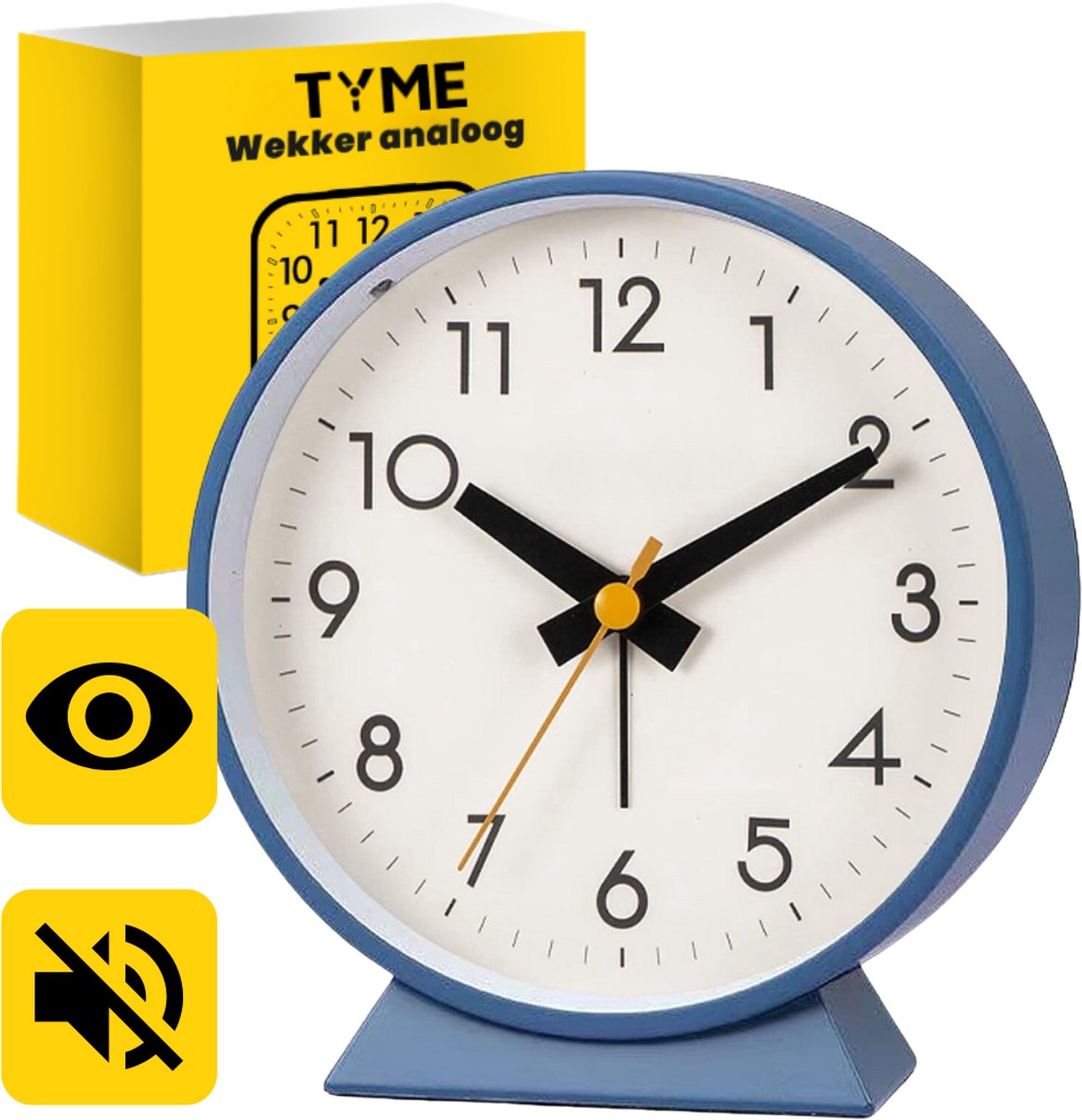 Tyme Wekker Analoog - Zonder Tikgeluid - Duidelijk leesbaar - Met Alarm - Reiswekker Incl. Verlichting - Kinderen tot Senioren - Rond met Voet - voor Slaapkamer - Blauw