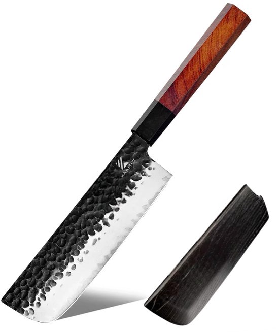 Couteau de chef Nakiri professionnel en acier japonais Aus10 - 18 CM - Fini martelé et noir unique - Tranchant comme un rasoir - Poignée en ébène et Mkuruti - Incl. Fourreau en bois - Emballage cadeau de luxe - KAAMUT®