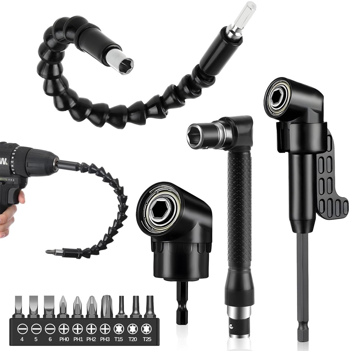 TRANKIELO® - 14 stuks 105° hoekschroevendraaier-opzetstukken – Hoekopzetstuk set bitverlenging voor accuschroevendraaier, flexibele as