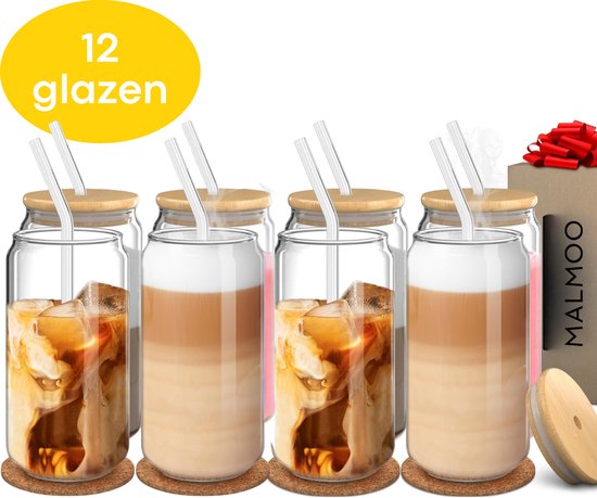 Set de 12 verres gobelets avec couvercles en bambou et pailles, remplis de latte macchiato. MALMOO.