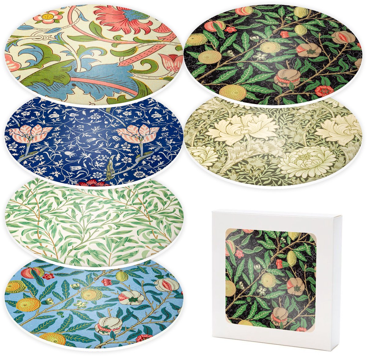 Set van 6 onderzetters voor glazen (forex) - Botanische prints van William Morris - Diameter 10 cm - Gemaakt in Nederland