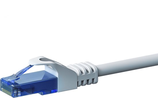 Câble patch UTP CAT6a blanc avec 1 connecteur RJ45 bleu, 100% cuivre.