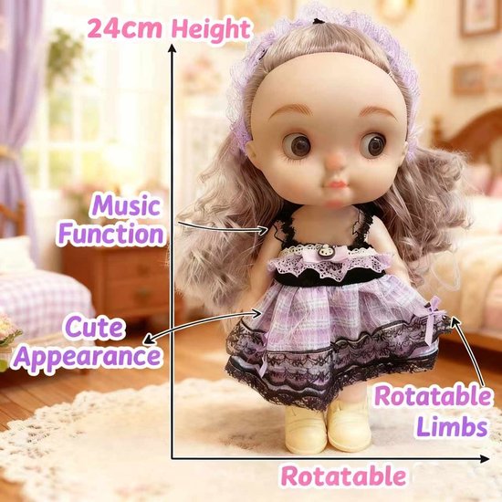 Meedeer 24 cm modepop-Babypop-Poseerbare Modepop-Lang haar-geschikt voor kinderhanden-Verstelbare armen en benen-Met geluid-speelgoed-kleding en accessoires voor meisjes van 3 jaar en ouder van Meedeer — afbeelding 4