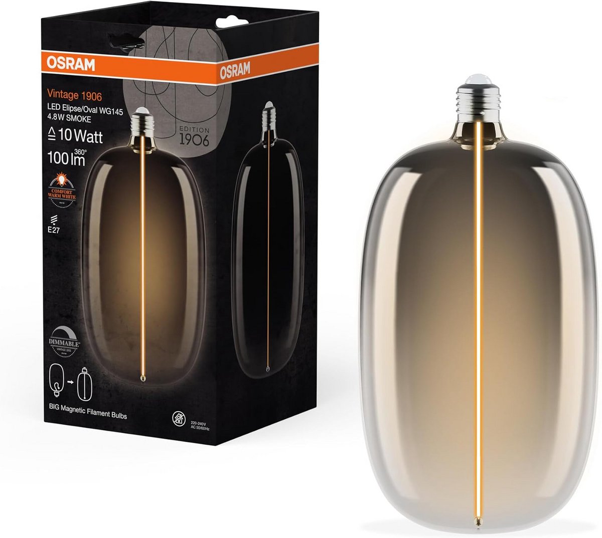 Dimbare LED Lamp E27 Ovaal Smoke Glas 1800K - Decoratieve Vintage Stijl 4.8W