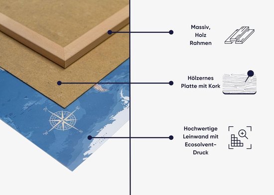 Wereldkaart op Canvas met Prikbaar Kurk en Gouden Pins - Wanddecoratie