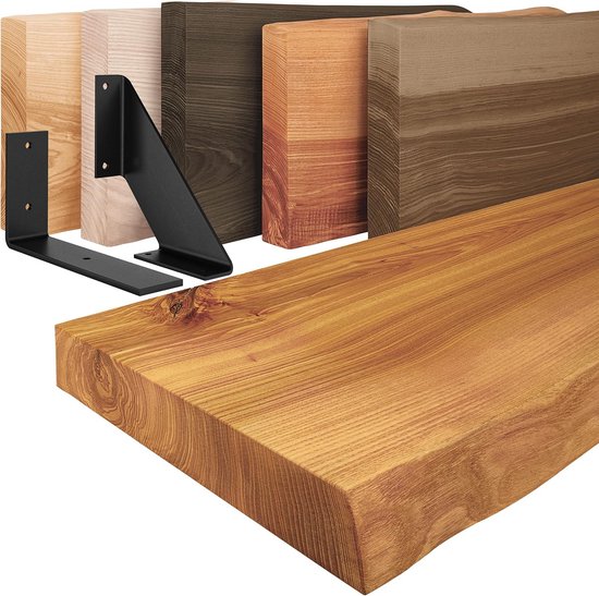 Looox Wood Collection Duo Wandplanken 160x46cm - 2 Stuks - Met Handdoekhouders Zwart Mat Massief Eiken Black