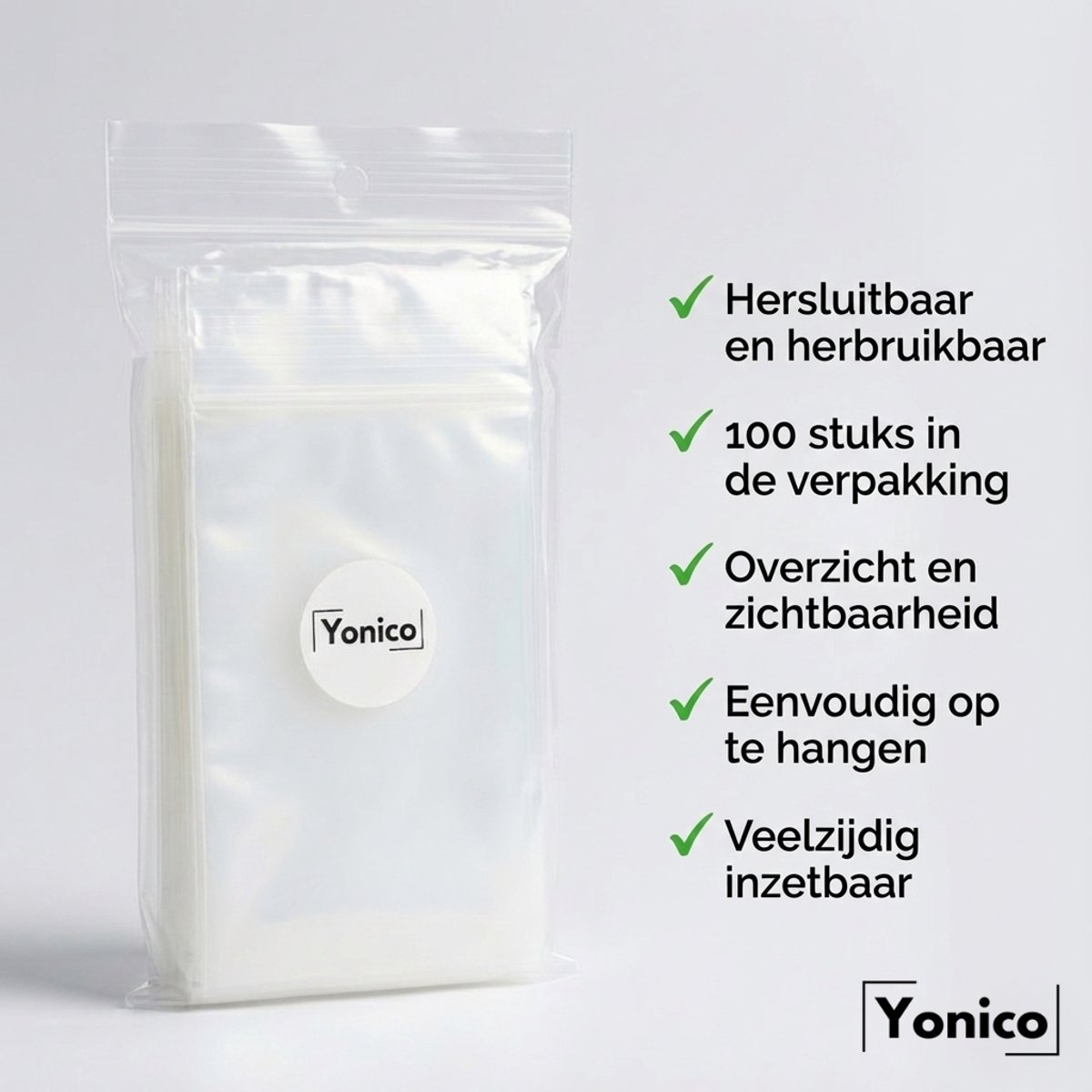 Yonico – Gripzakken – Hersluitbare Verpakkingszakjes – 70 x 100 mm – 50 micron – Transparant – 100 stuks