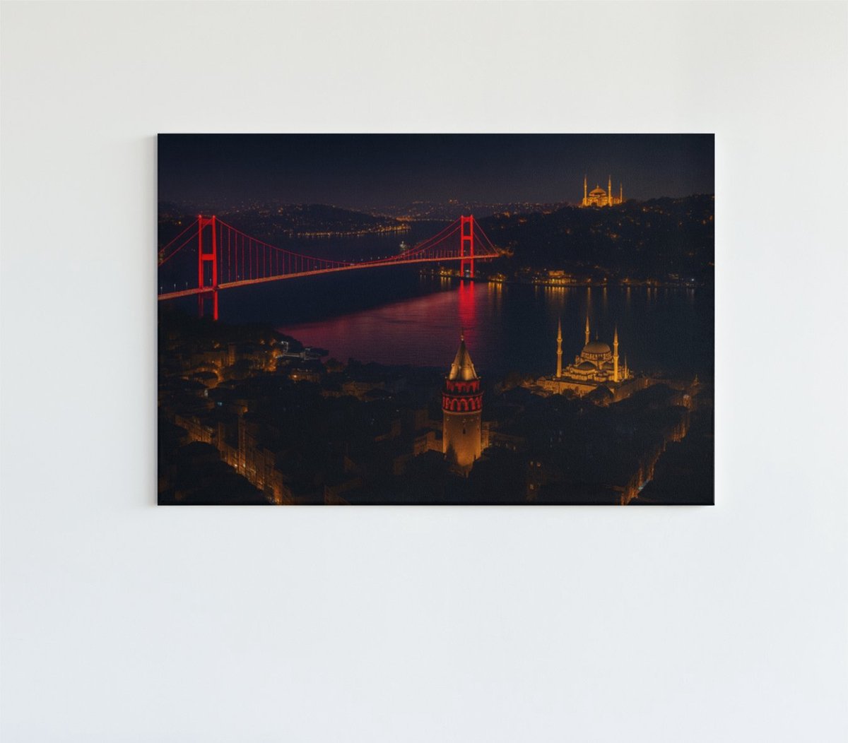 Trendex Global Canvas Schilderij - Istanbul nacht stadspanorama met brug - 90x60 cm Zwart