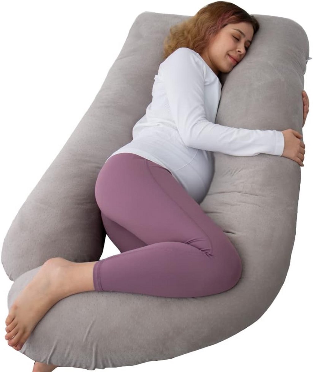Extra Groot U-Vormig Zwangerschapskussen (60 Inch) - Comfortabel Lichaamskussen voor Zwangere Vrouwen met Zachte Velours Hoes