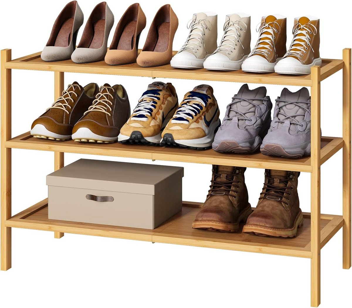 Stapelbaar Schoenenrek 3 Niveaus - Bamboe Houten Schoenorganizer voor Hal en Kast