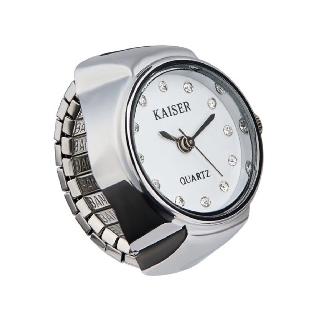 Ringhorloge Vinger Horloge Ring - Zilver met Steentjes - One Size Fits All Rekband - Kaiser Quartz - 22mm