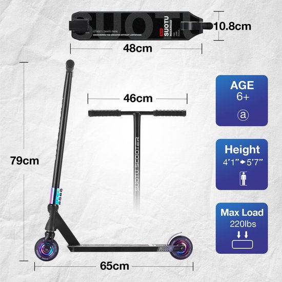 Suotu Stuntstep - Step - Kinderstep - Silent axle - Speelgoed Jongens/Meisjes - Maximale stuurhoogte: 78 cm - Aluminium - Zwart/NEO